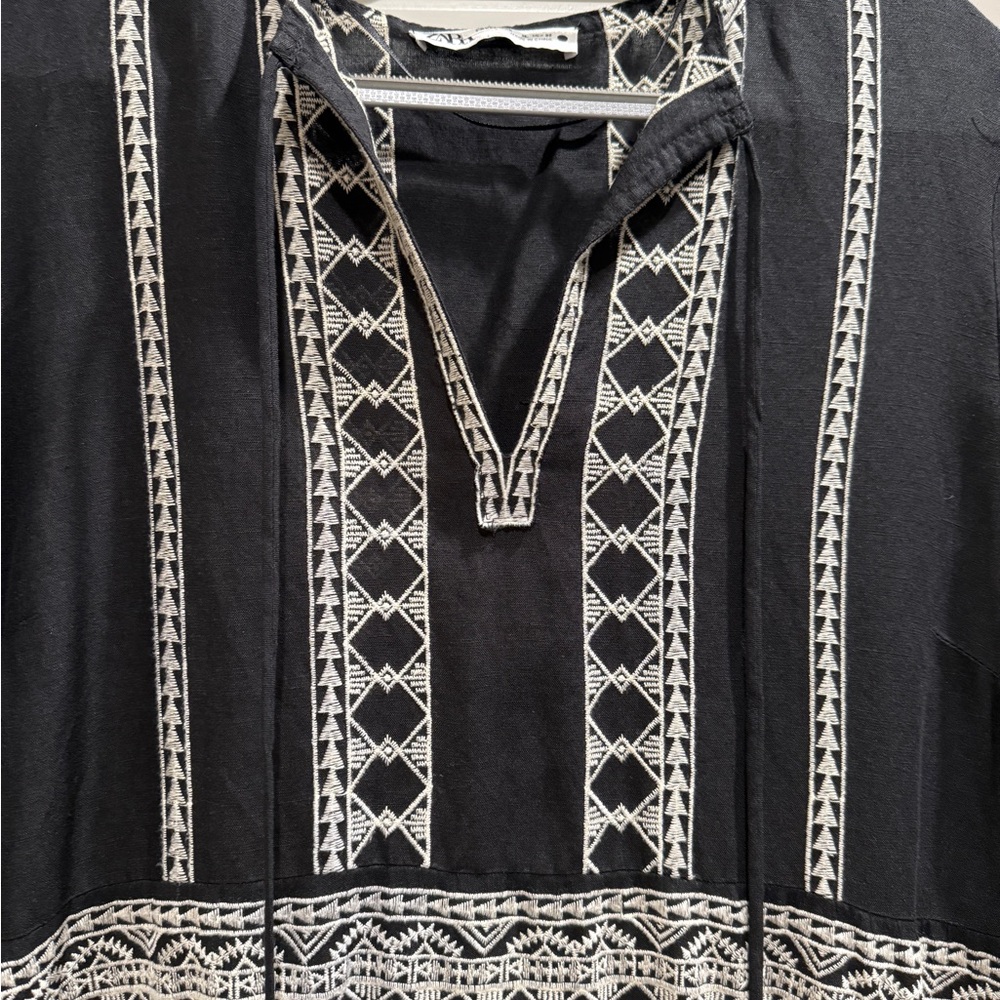 Zara Black and White Embroidered Bohemian Linen Dress - XL - Picture 6 of 11